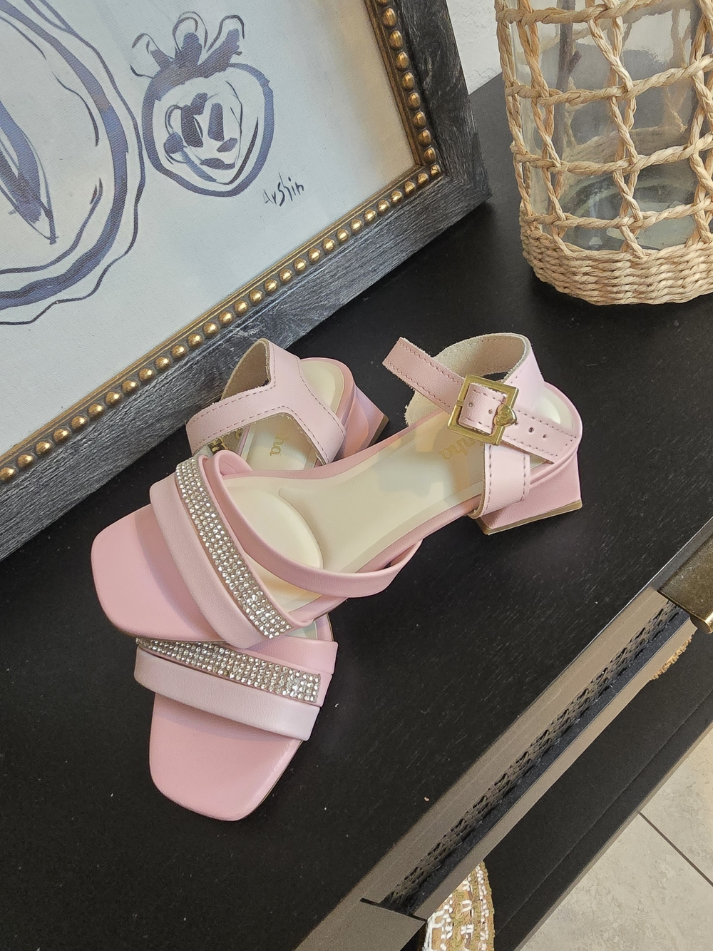 Girls' Pink Rhinestone Strap Dress Sandals with Low Block Heel